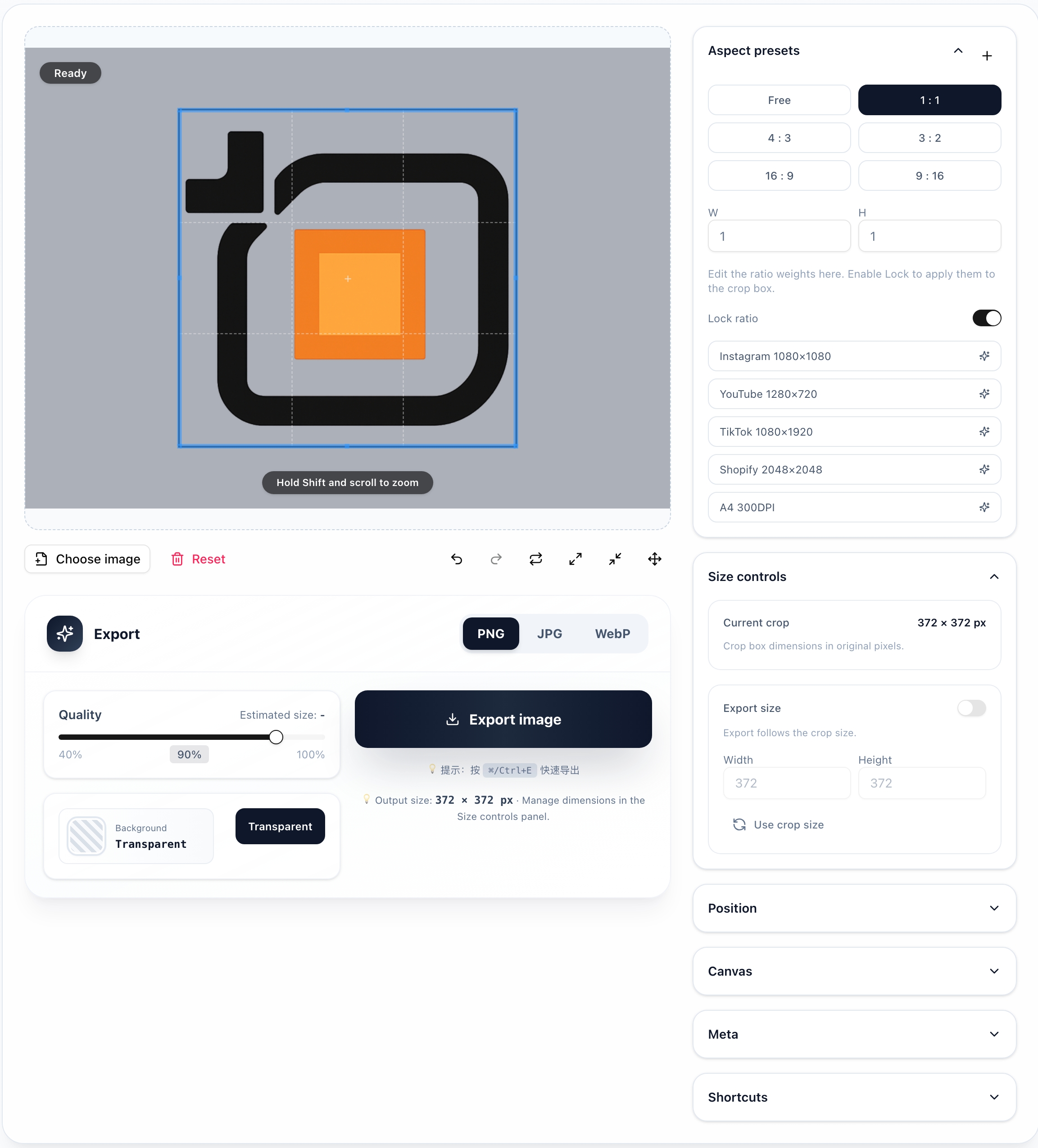 Workflow — selection, ratio, export