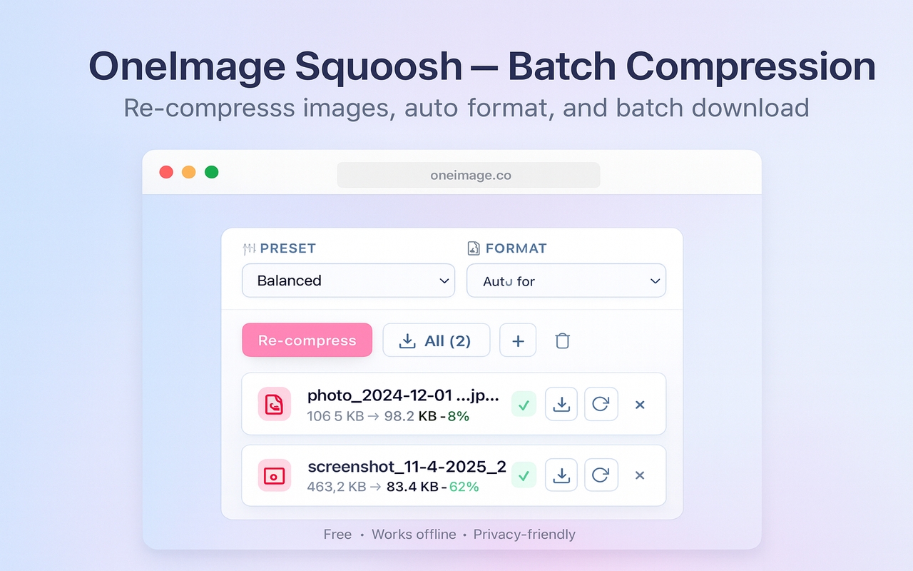Batch compression results with savings indicators in the Squoosh extension.